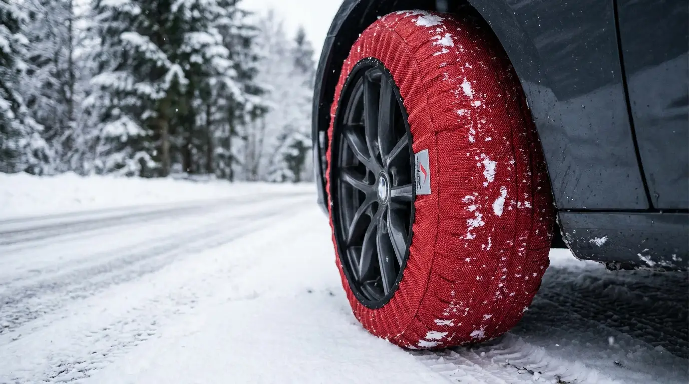 Čarape za sneg — crvene tekstilne navlake na točkovima automobila