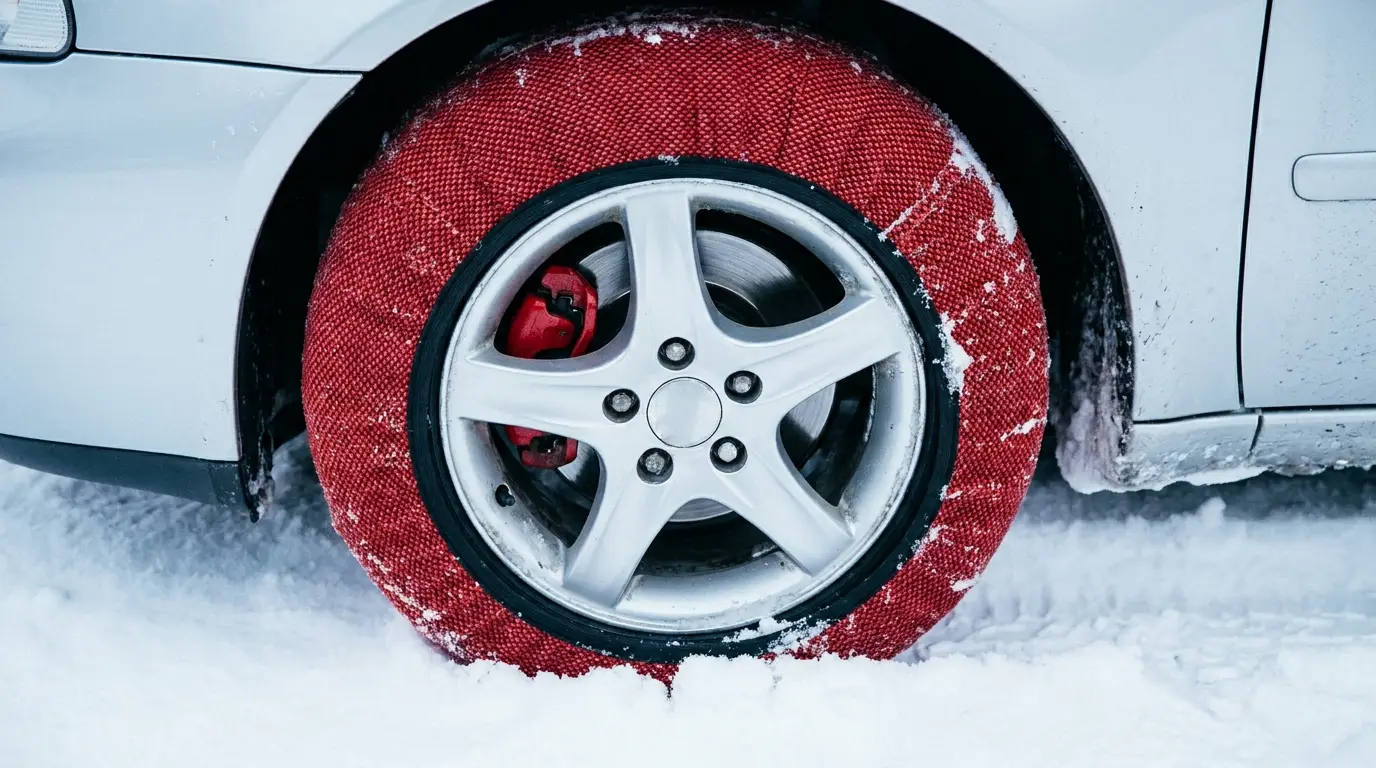 Lanci za sneg, čarape za točkove ili vezice za sneg — šta je bolje za vaš auto? 2 Crvene čarape za sneg navučene na točak automobila — čarape za gume i točkove