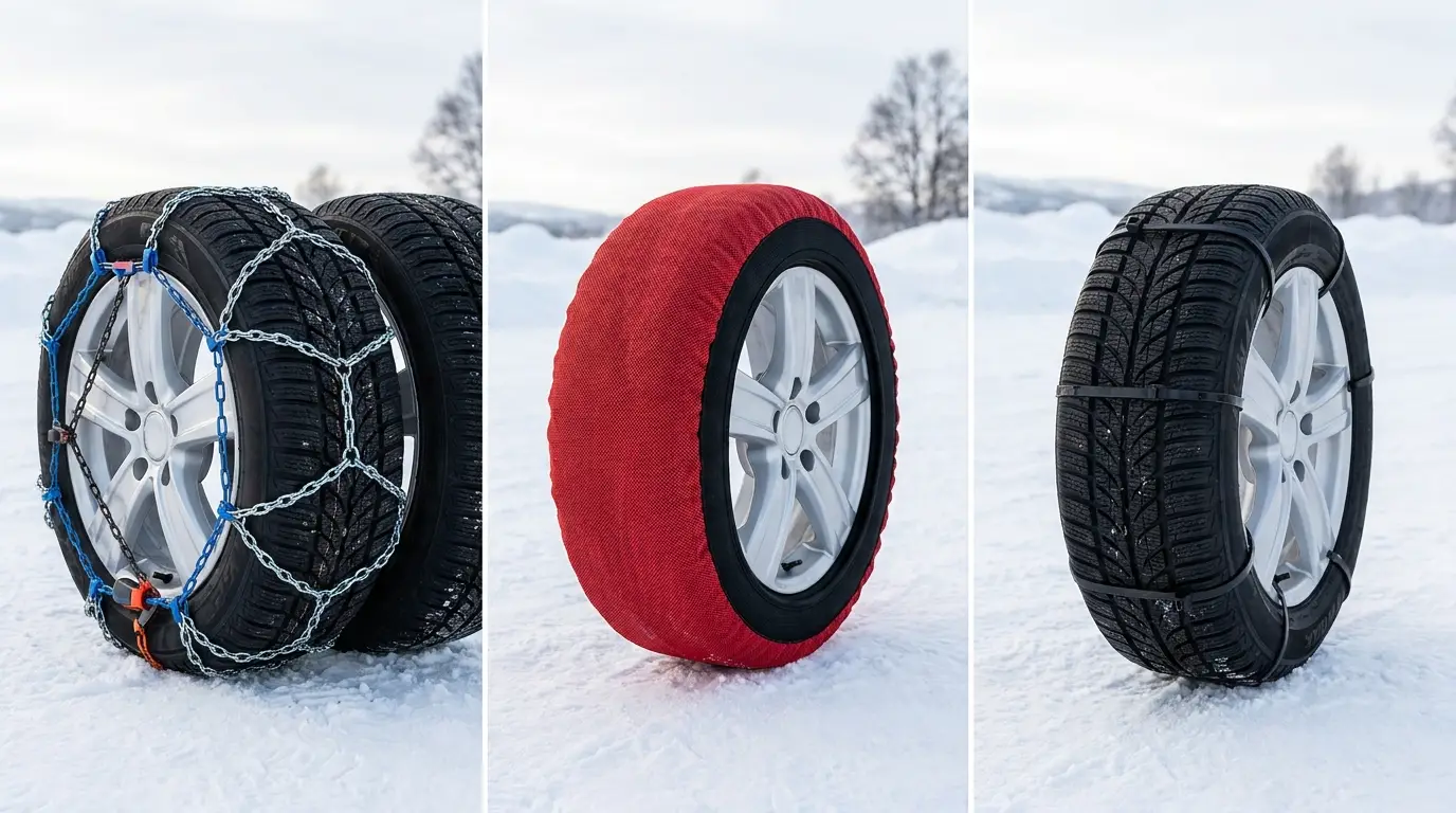 Lanci za sneg, čarape za točkove i vezice za sneg na točkovima automobila — poređenje zimske opreme