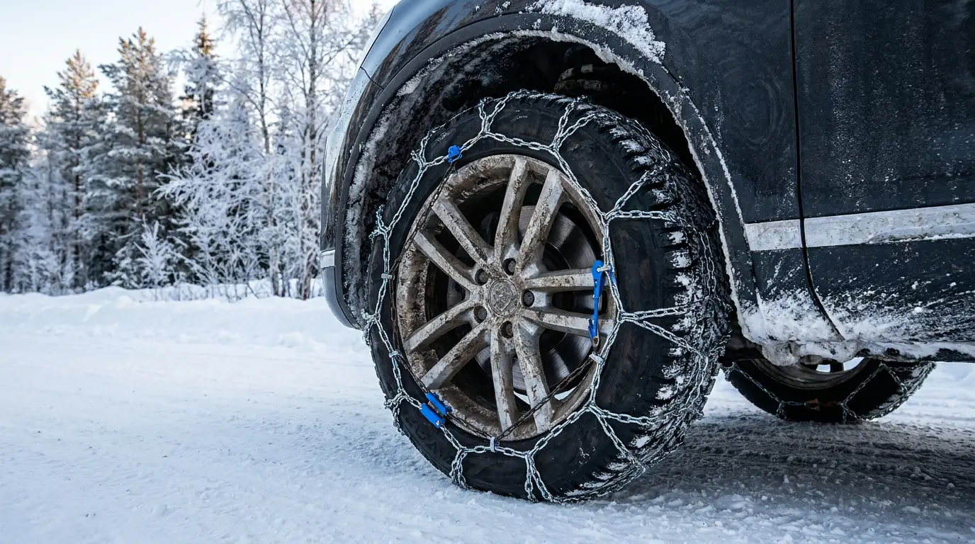 Lanci za sneg montirani na točku automobila — auto parkiran na snežnom putu zimi