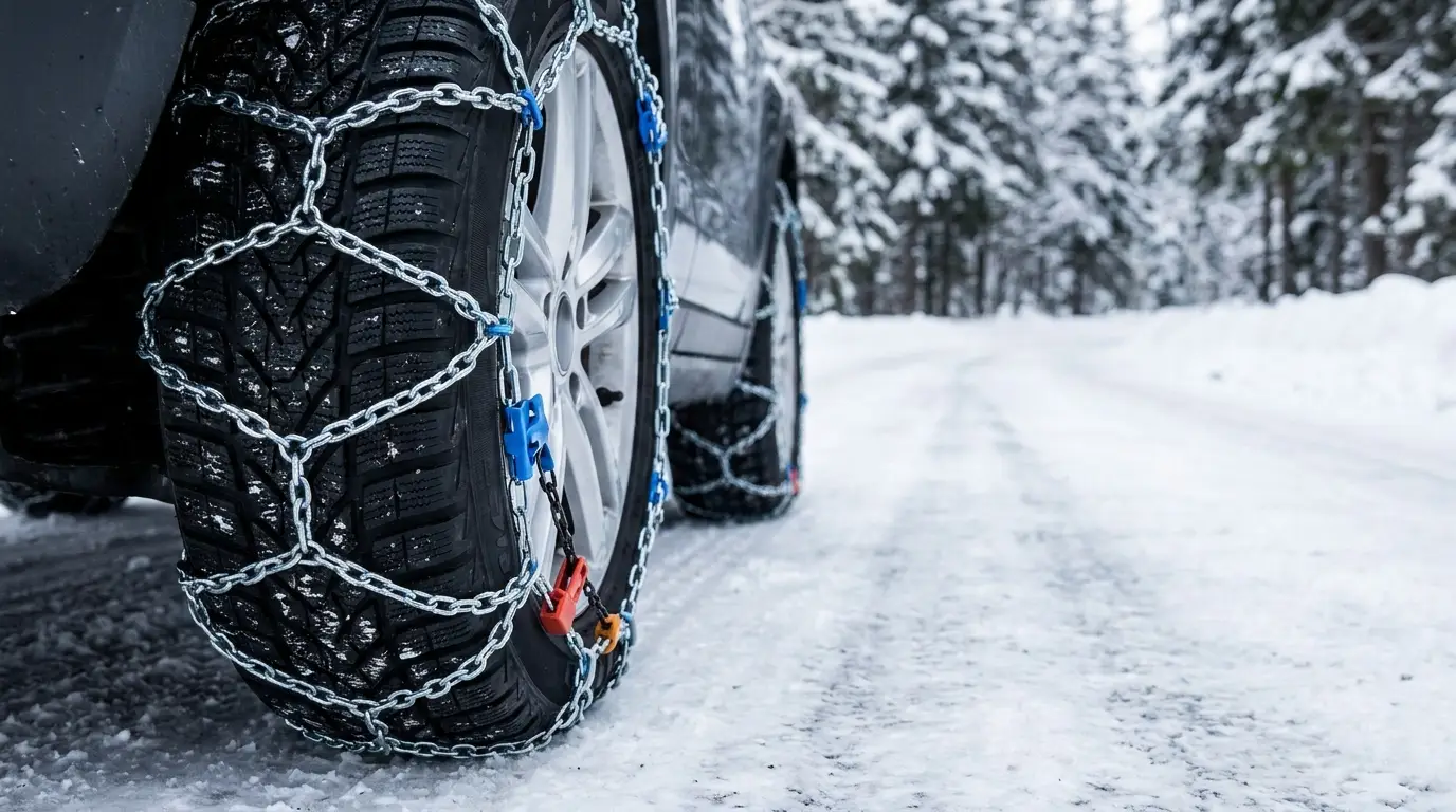 Lanci za sneg, čarape za točkove ili vezice za sneg — šta je bolje za vaš auto? 1 Lanci za sneg dijamantskog uzorka montirani na točkovima automobila na snežnom putu