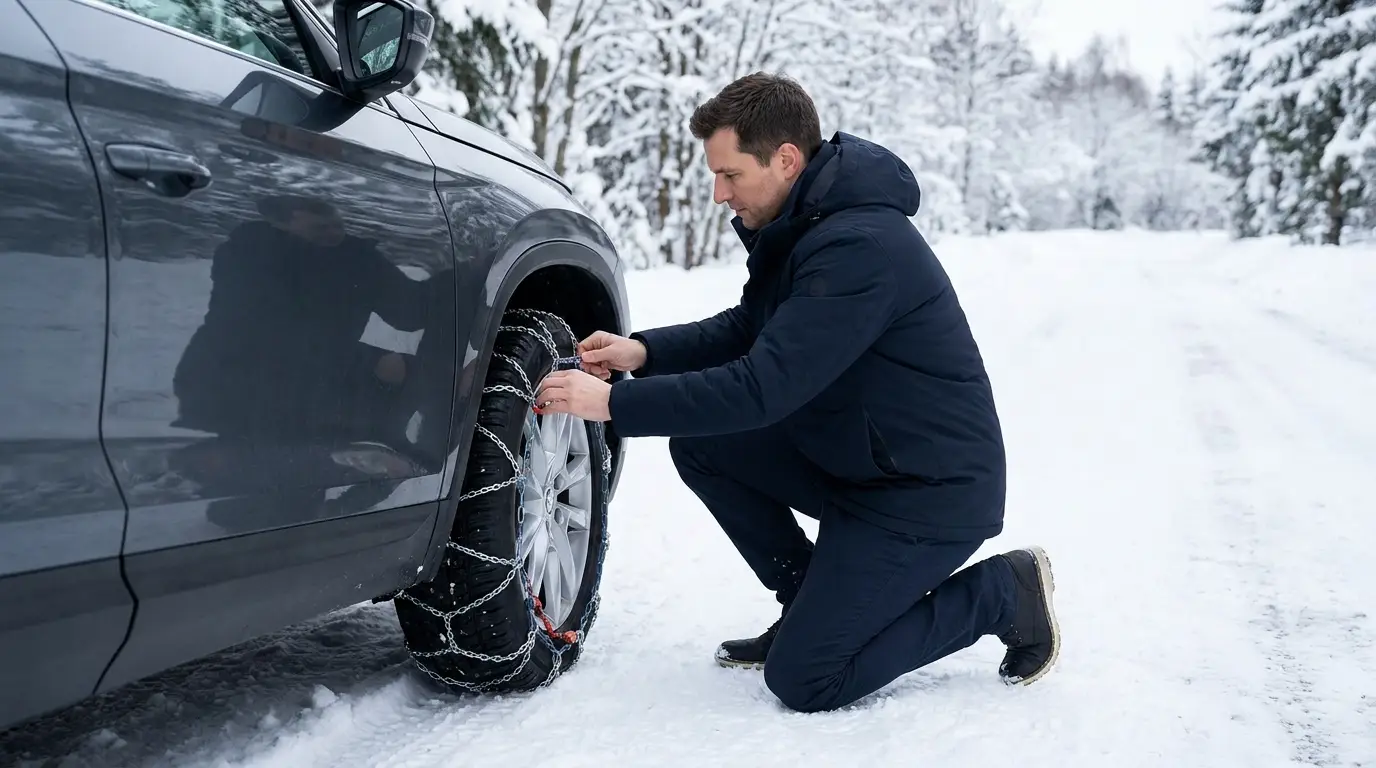 Lanci za sneg — Kako ih ugraditi, korak po korak uputstvo 1 Ugradnja lanci za sneg — vozač montira lance na točak automobila