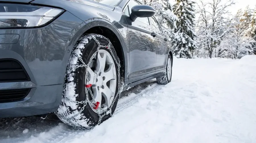 Početna 87 Lanci za sneg montirani na prednjem točku automobila na zavejanom putu