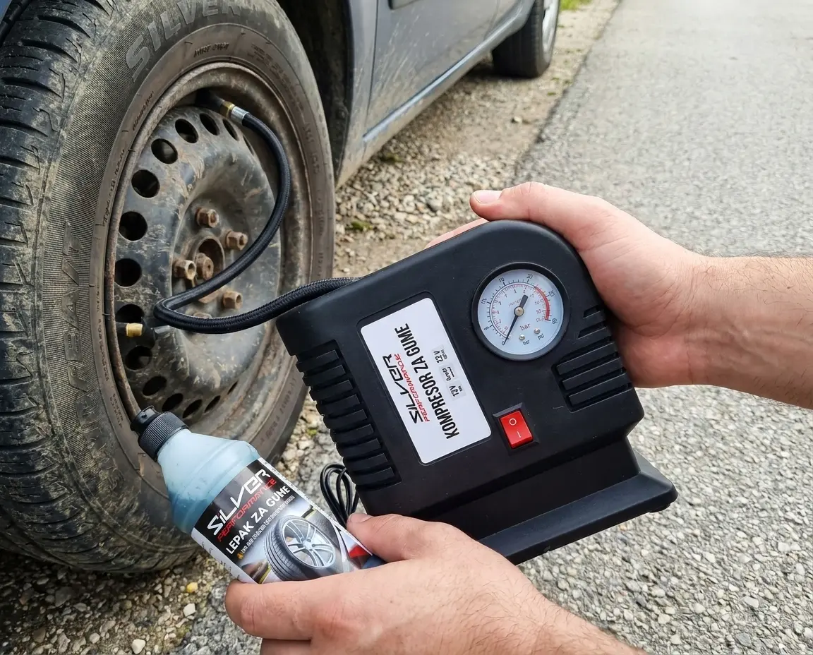 Kako izabrati auto kompresor za gume za svoje vozilo 4 Naduvavanje auto gume kompresorom iz seta za reparaciju guma sa ugrađenim manometrom