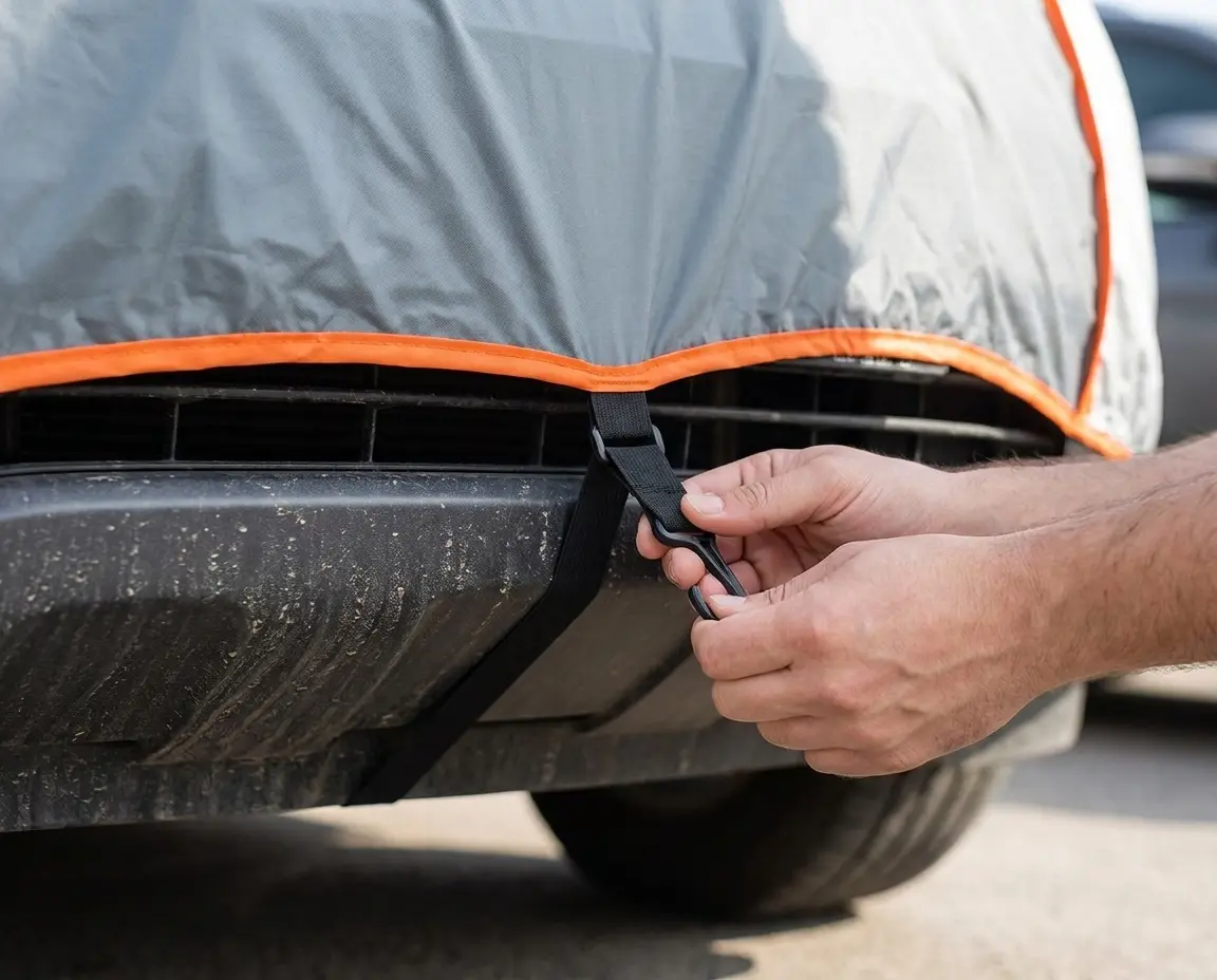 Protivgradna Cerada za SUV – Koja Veličina i Debljina Vam Trebaju 5 Pričvršćivanje elastične trake protivgradne cerade ispod branika SUV vozila