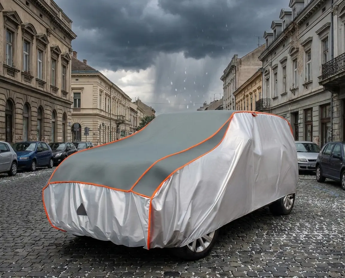 Protivgradna Cerada za SUV – Koja Veličina i Debljina Vam Trebaju 1 SUV terenac parkiran napolju prekriven protivgradnom ceradom pred oluju sa gradom
