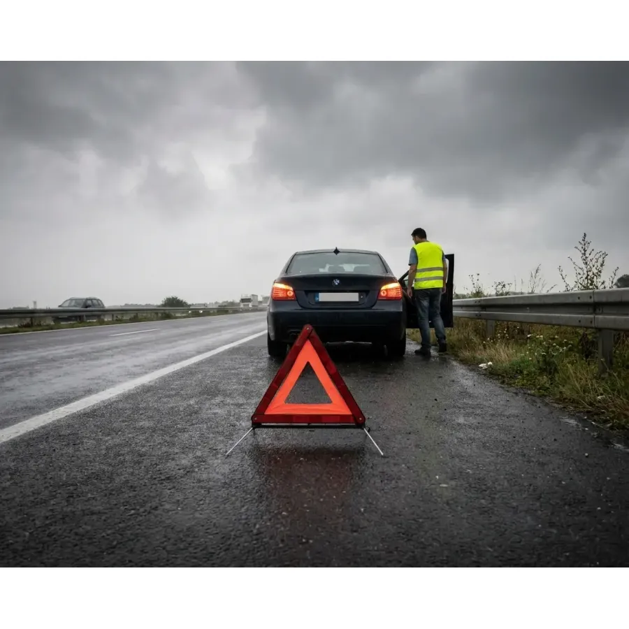 Prva Pomoć za Auto – Cena Kompleta i Šta Utiče na Nju 3 Sigurnosni trougao postavljen pored vozila i osoba u reflektujućem prsluku