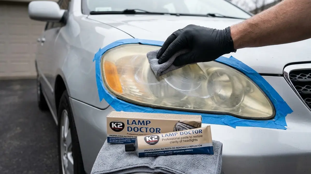 Poliranje fara mikrofiber aplikatorom, K2 Lamp Doctor pasta za poliranje farova na krpi pored točka